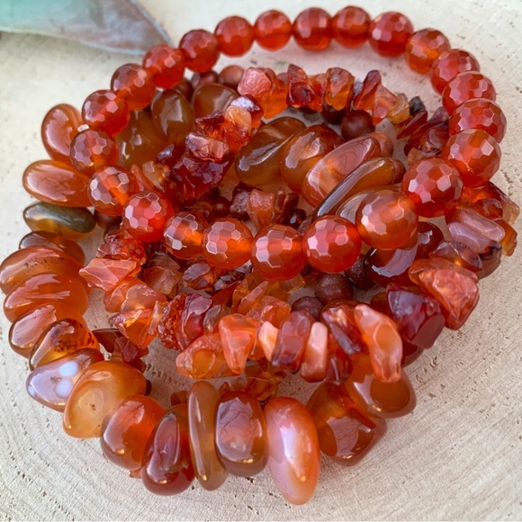 Natural Dark Orange Carnelian & Fire Agate Gemstone Mixed Bead Bracelet Stack - Picture 3 of 14
